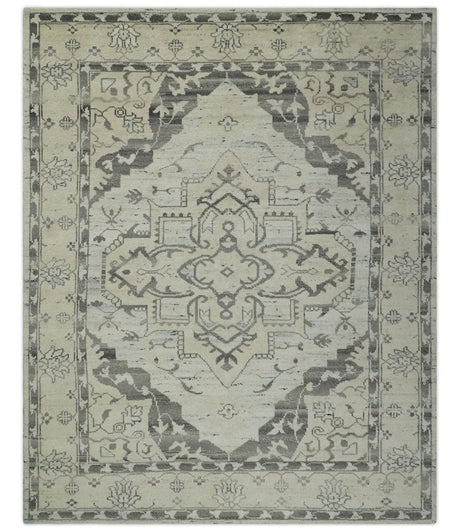 Hand Knotted Earthy Neutral Serapi Wool Rug, Charcoal, Beige and Ivory-Area Rug-Parc Decor