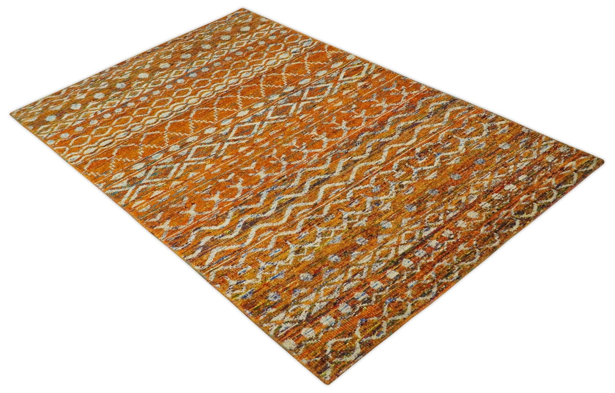 Hand Knotted Gold, Rust and Ivory Modern Contemporary Tribal Trellis Recycled Silk Area Rug