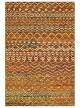 Hand Knotted Gold, Rust and Ivory Modern Contemporary Tribal Trellis Recycled Silk Area Rug
