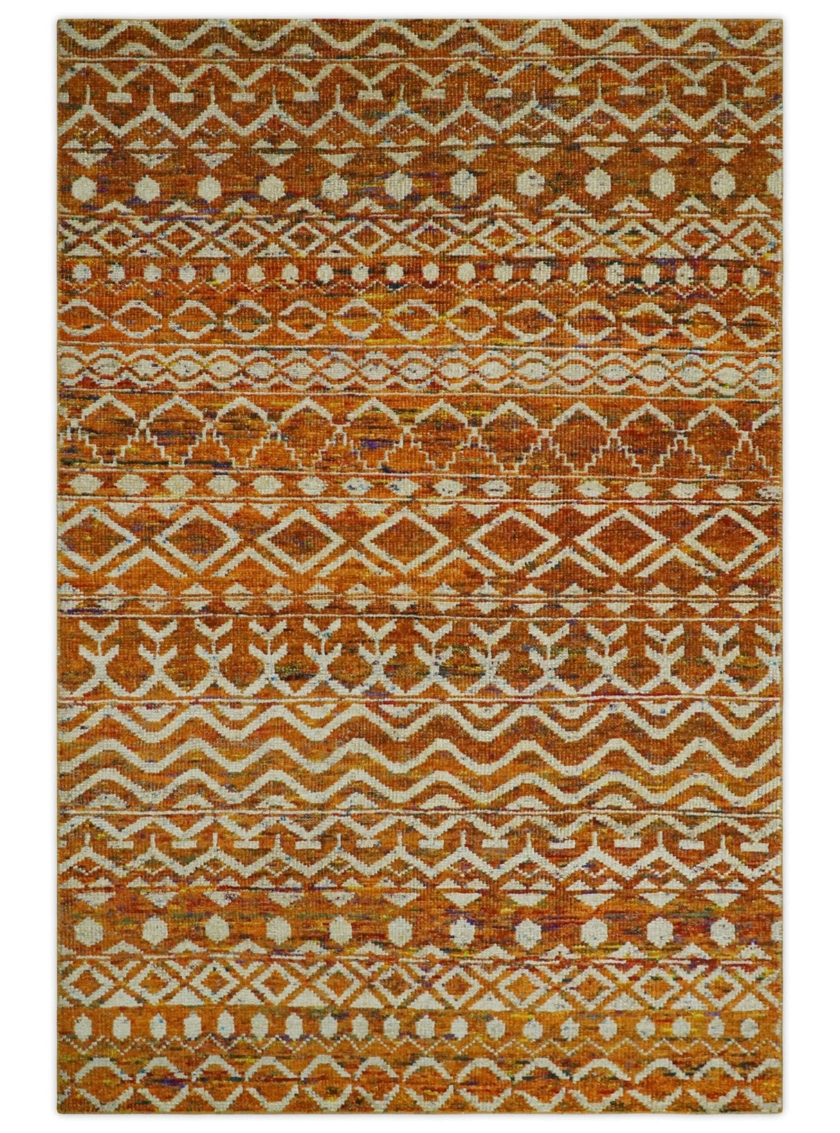 Hand Knotted Gold, Rust and Ivory Modern Contemporary Tribal Trellis Recycled Silk Area Rug