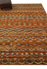 Hand Knotted Gold, Rust and Ivory Modern Contemporary Tribal Trellis Recycled Silk Area Rug