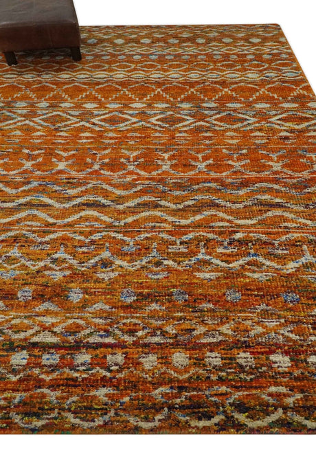 Hand Knotted Gold, Rust and Ivory Modern Contemporary Tribal Trellis Recycled Silk Area Rug