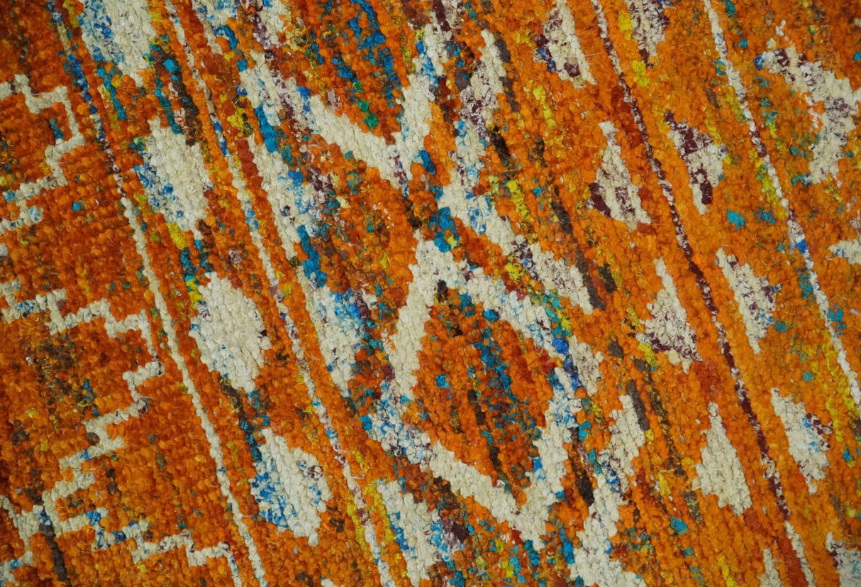 Hand Knotted Gold, Rust and Ivory Modern Contemporary Tribal Trellis Recycled Silk Area Rug