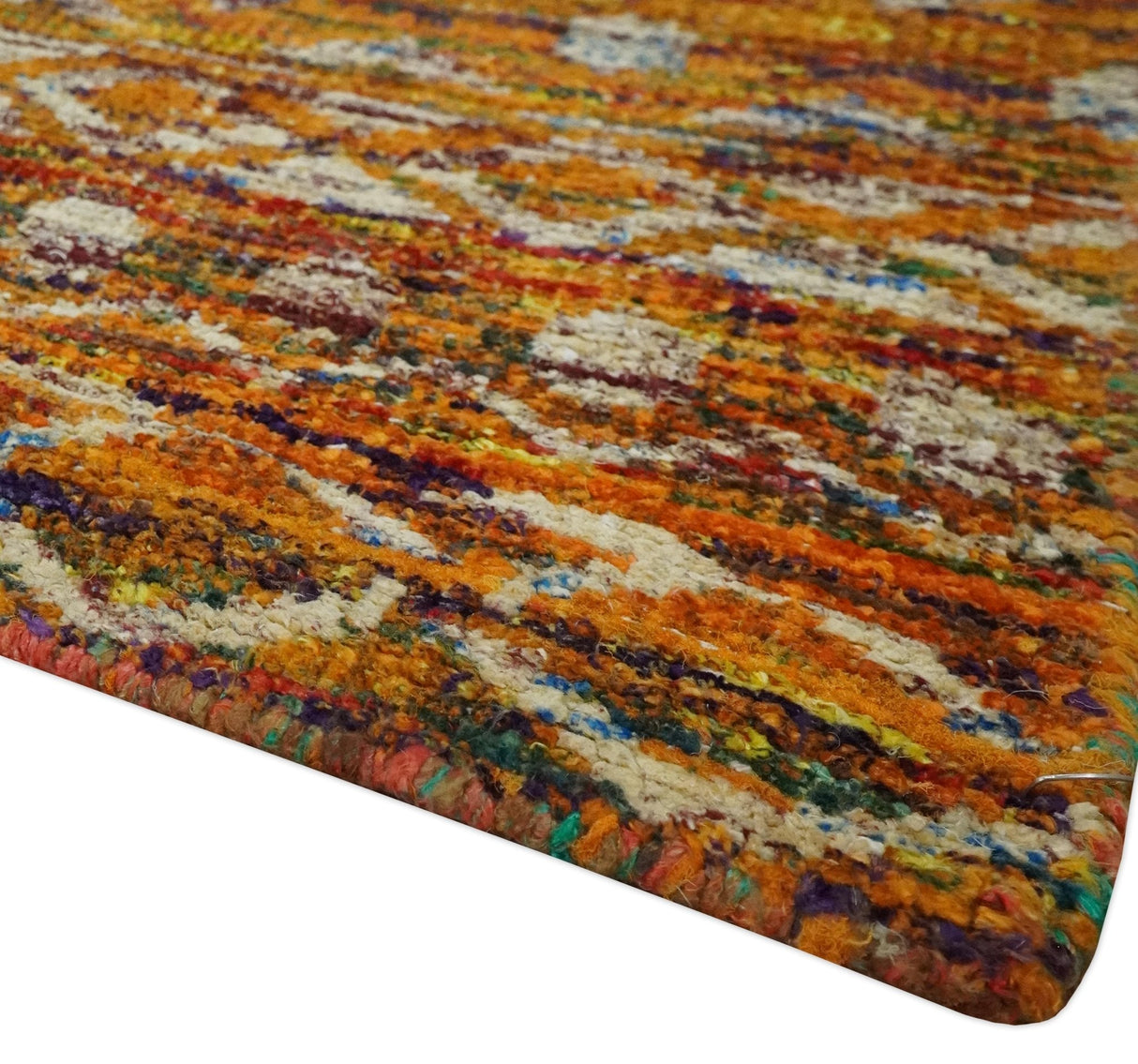 Hand Knotted Gold, Rust and Ivory Modern Contemporary Tribal Trellis Recycled Silk Area Rug