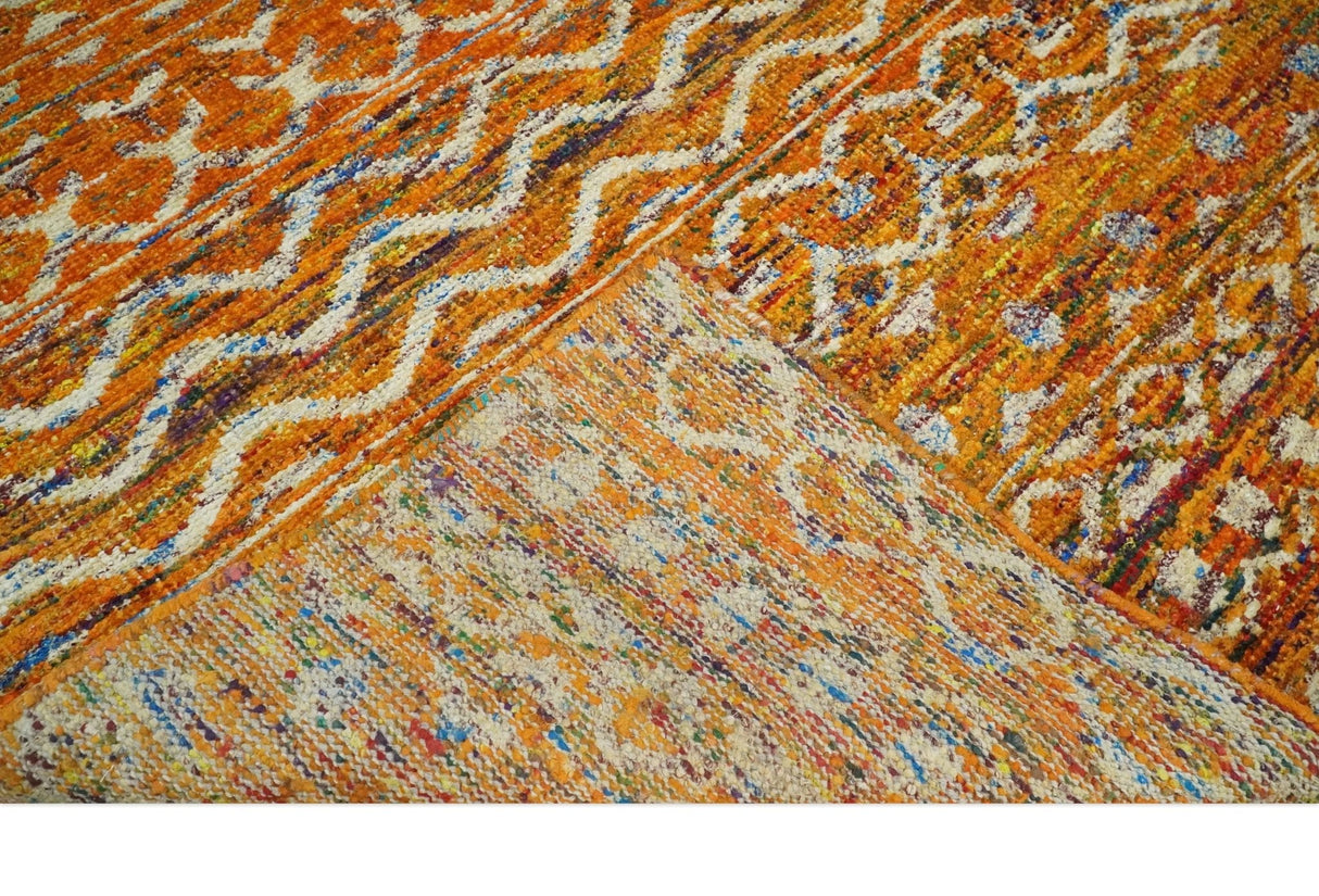 Hand Knotted Gold, Rust and Ivory Modern Contemporary Tribal Trellis Recycled Silk Area Rug