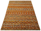Hand Knotted Gold, Rust and Ivory Modern Contemporary Tribal Trellis Recycled Silk Area Rug