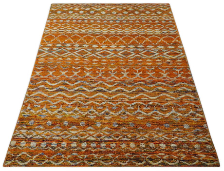 Hand Knotted Gold, Rust and Ivory Modern Contemporary Tribal Trellis Recycled Silk Area Rug