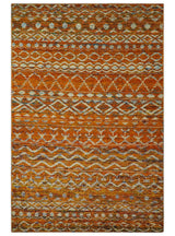Hand Knotted Gold, Rust and Ivory Modern Contemporary Tribal Trellis Recycled Silk Area Rug