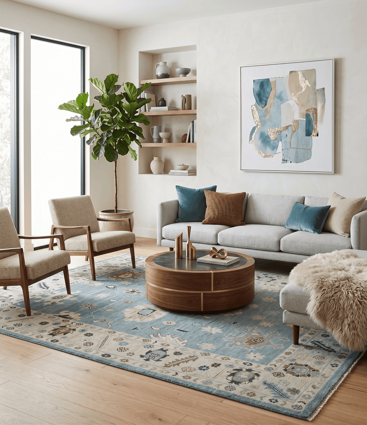 Hand Knotted Gray and Beige Traditional Oushak Wool Rug