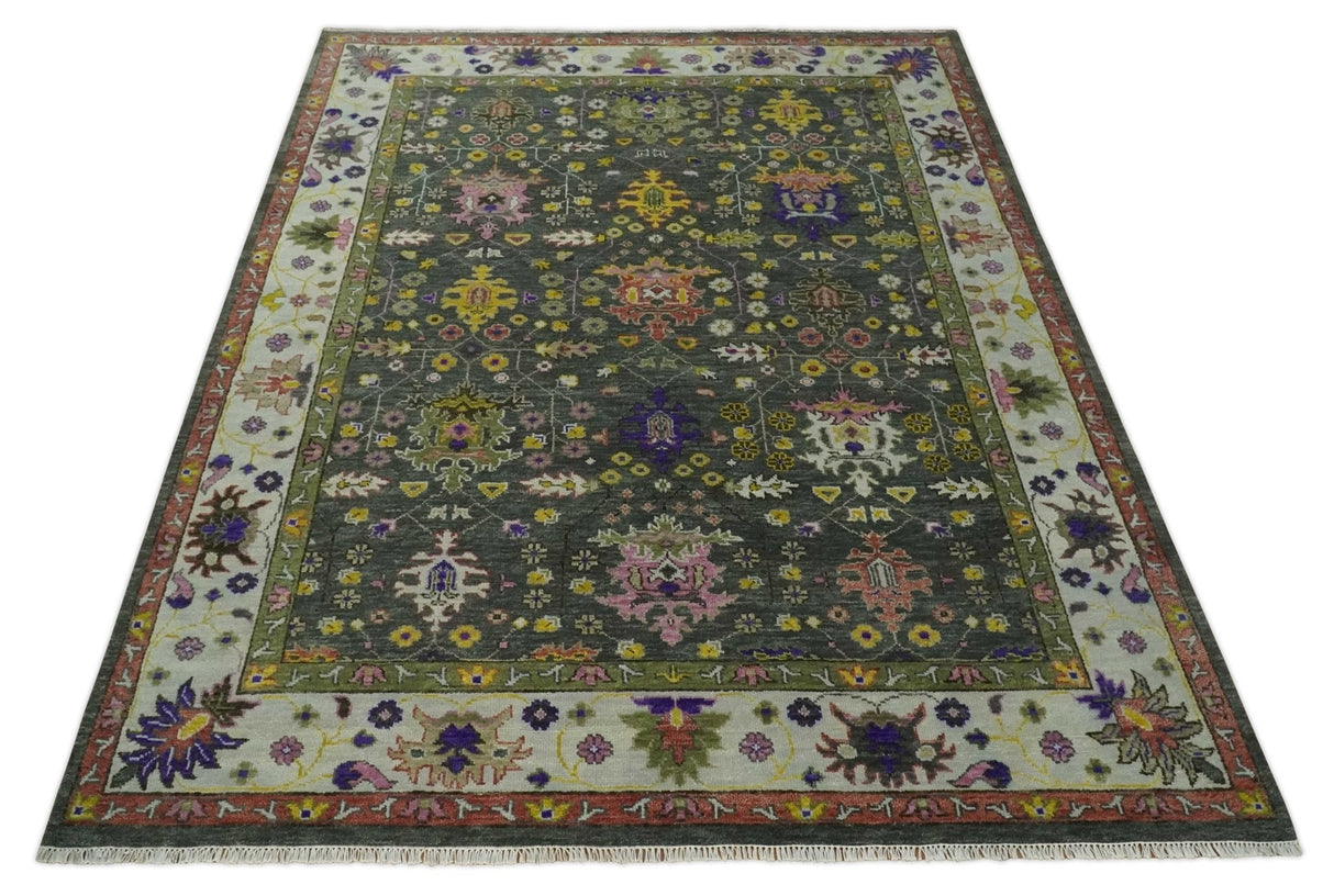 Hand Knotted Green And Ivory Traditional Oushak Custom Made Wool Area Rug