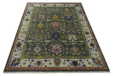 Hand Knotted Green And Ivory Traditional Oushak Custom Made Wool Area Rug