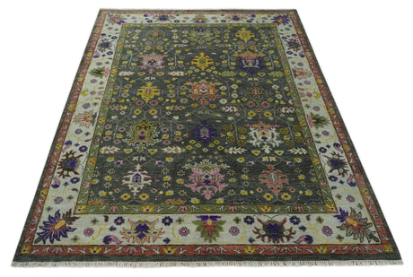 Hand Knotted Green And Ivory Traditional Oushak Custom Made Wool Area Rug