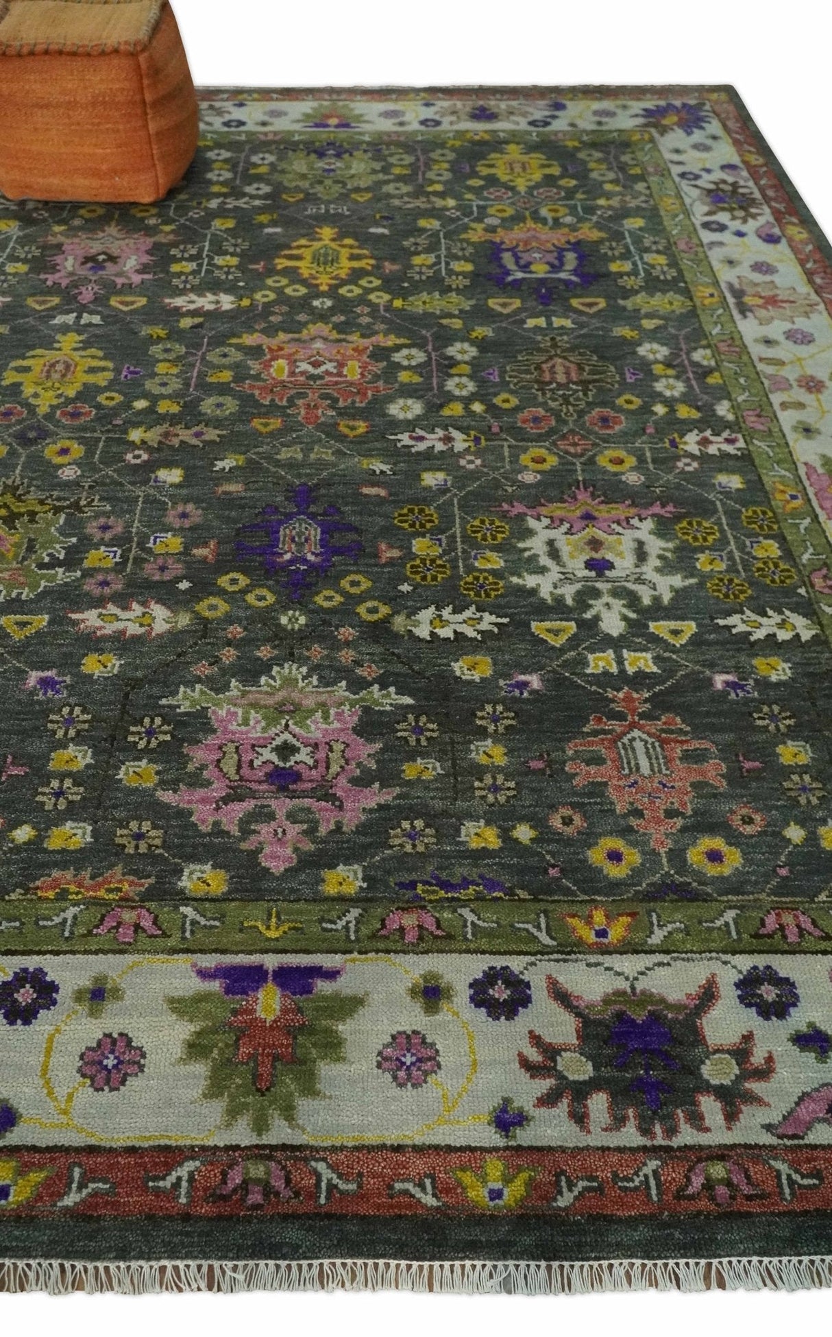 Hand Knotted Green And Ivory Traditional Oushak Custom Made Wool Area Rug