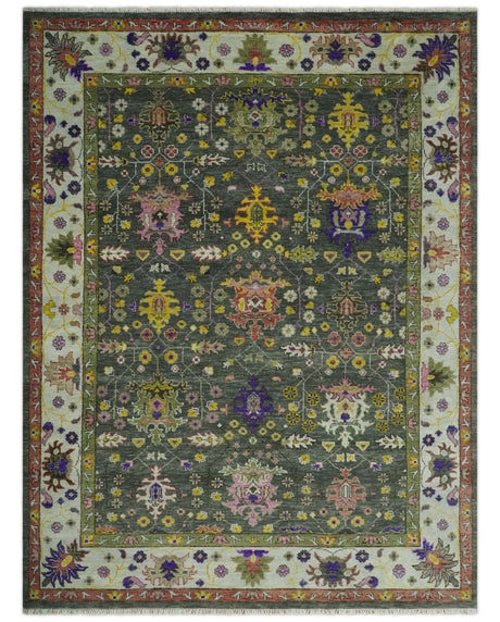 Hand Knotted Green And Ivory Traditional Oushak Custom Made Wool Area Rug
