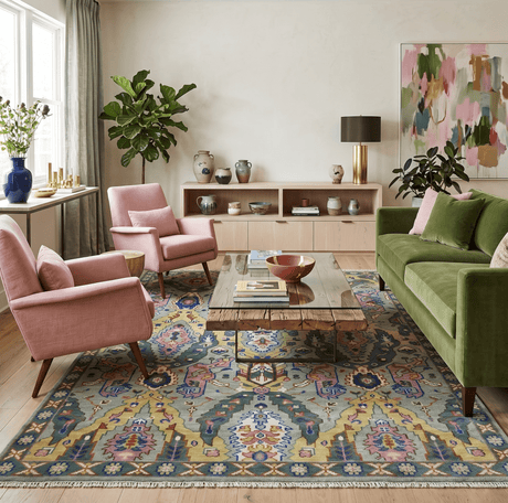 Hand knotted Green And Pink Traditional large design Custom Made wool Area Rug