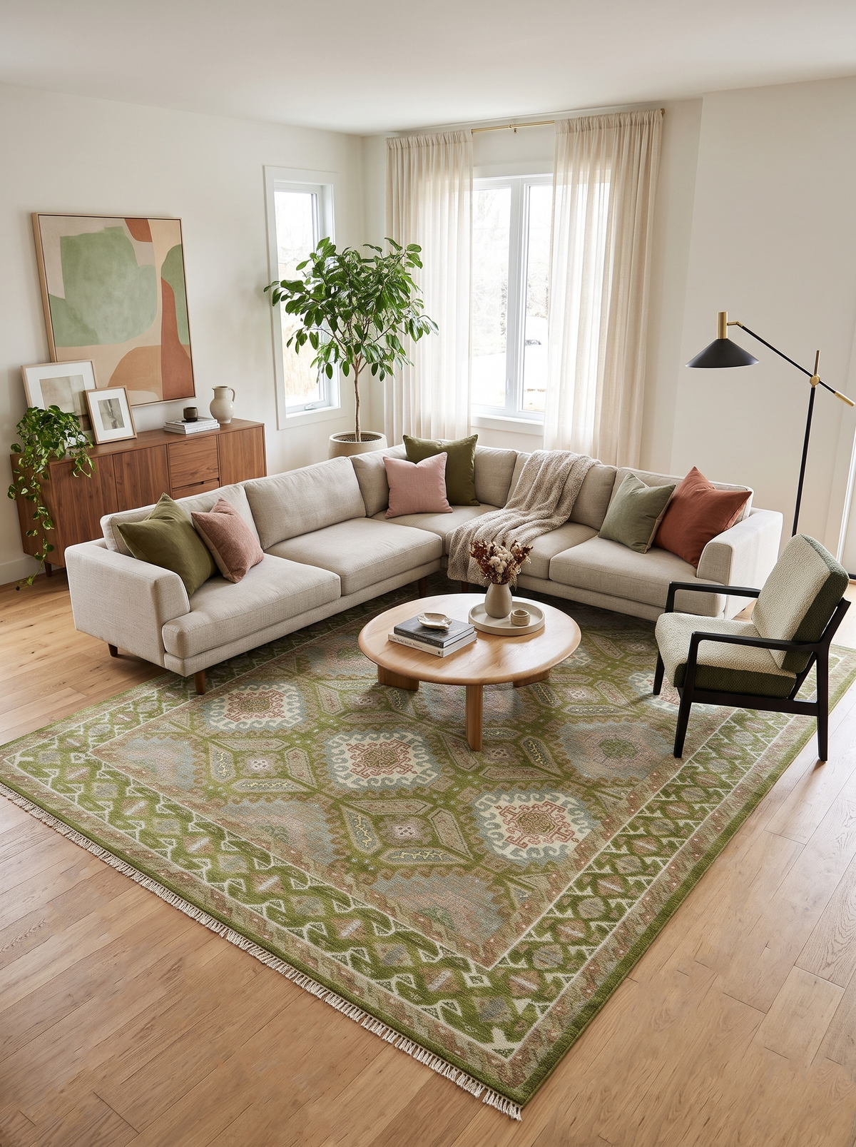 Hand Knotted Green, Ivory and Silver Oriental Traditional Multi Size Wool Area Rug