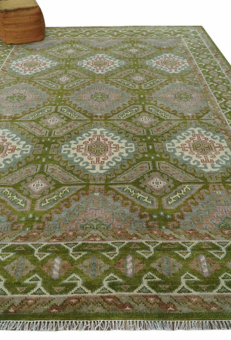 Hand Knotted Green, Ivory and Silver Oriental Traditional Multi Size Wool Area Rug