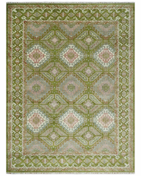 Hand Knotted Green, Ivory and Silver Oriental Traditional Multi Size Wool Area Rug