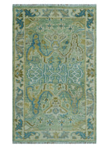 Hand Knotted Green, Olive and Teal Traditional Dragon Oushak Design 3x5 wool rug