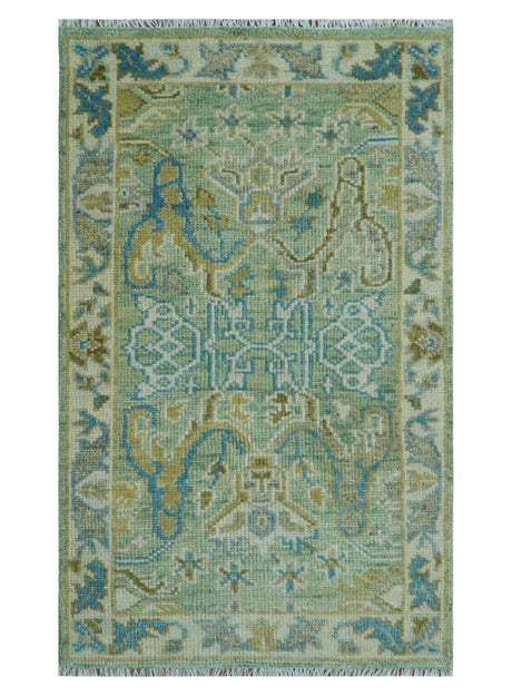Hand Knotted Green, Olive and Teal Traditional Dragon Oushak Design 3x5 wool rug