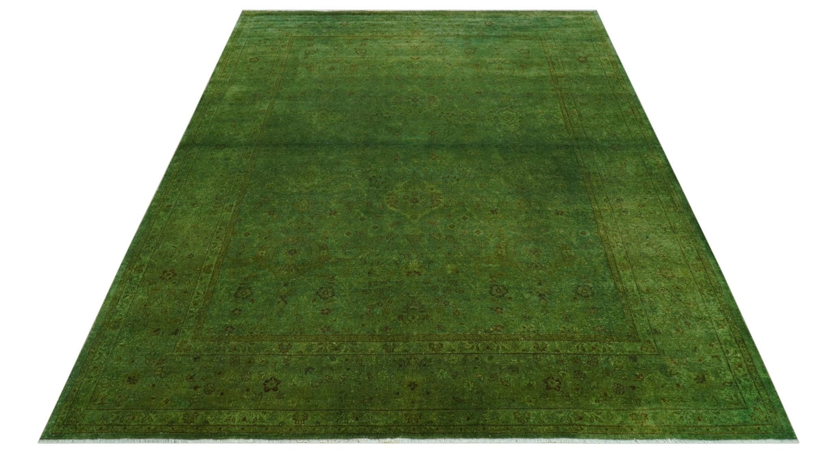 Hand Knotted Green Overdyed Traditional Oushak Design 9x12 Wool Area Rug