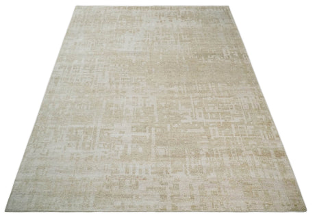 Hand Knotted Ivory and Beige Modern Contemporary Recycled Silk Area Rug