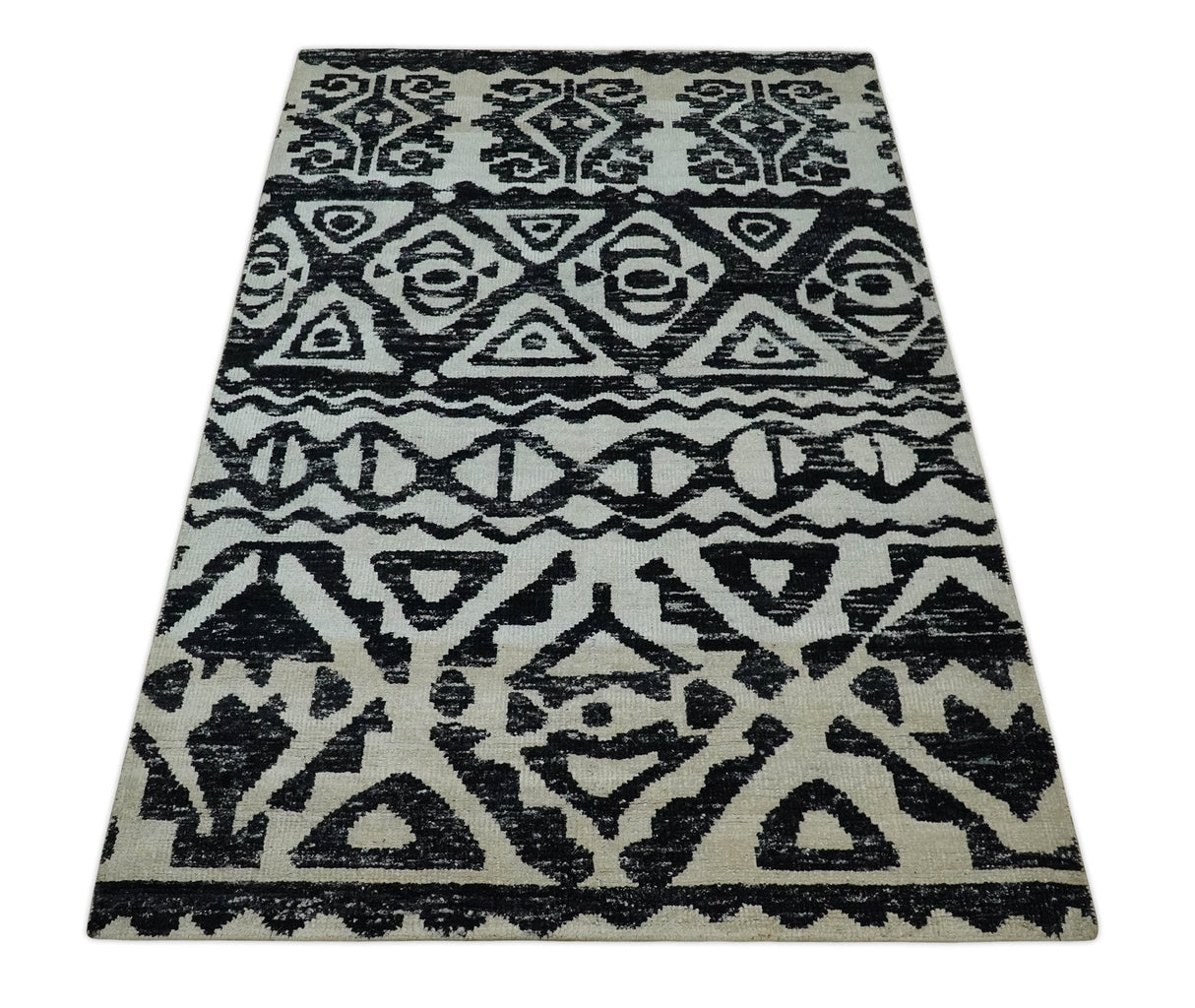 Hand Knotted Ivory and Black Modern Contemporary Recycled Silk Area Rug