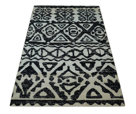 Hand Knotted Ivory and Black Modern Contemporary Recycled Silk Area Rug