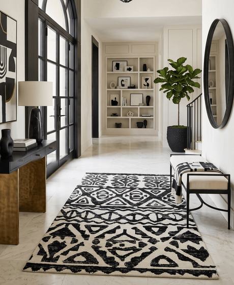 Hand Knotted Ivory and Black Modern Contemporary Recycled Silk Area Rug