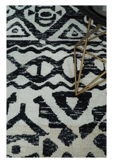 Hand Knotted Ivory and Black Modern Contemporary Recycled Silk Area Rug