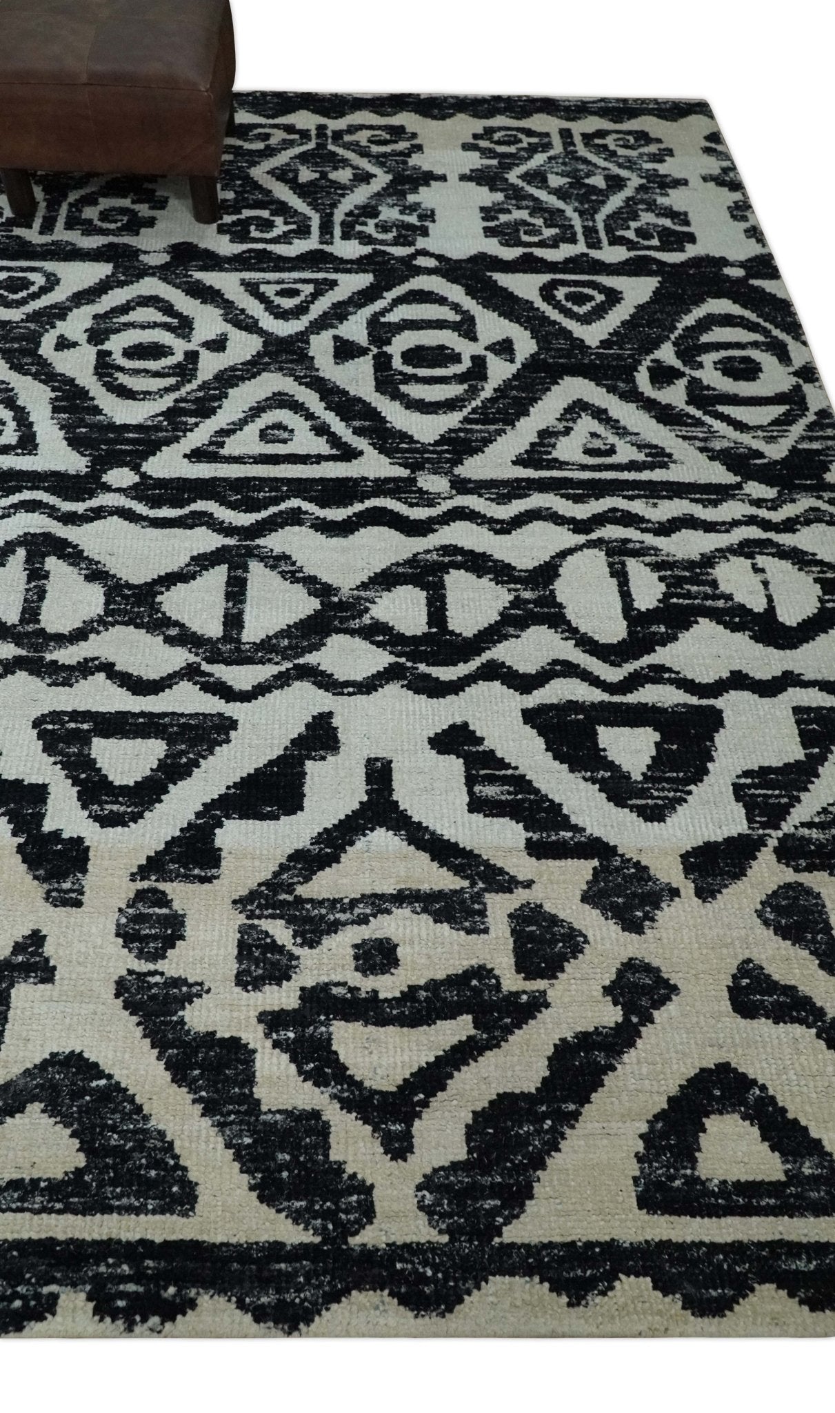 Hand Knotted Ivory and Black Modern Contemporary Recycled Silk Area Rug