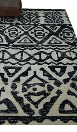 Hand Knotted Ivory and Black Modern Contemporary Recycled Silk Area Rug