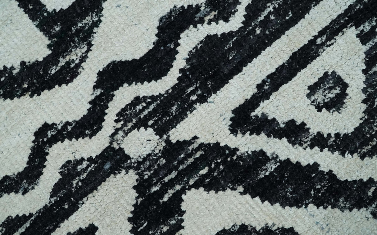 Hand Knotted Ivory and Black Modern Contemporary Recycled Silk Area Rug