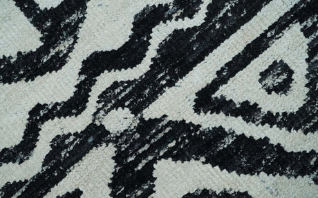Hand Knotted Ivory and Black Modern Contemporary Recycled Silk Area Rug