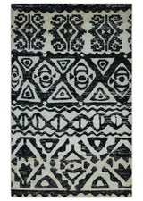 Hand Knotted Ivory and Black Modern Contemporary Recycled Silk Area Rug