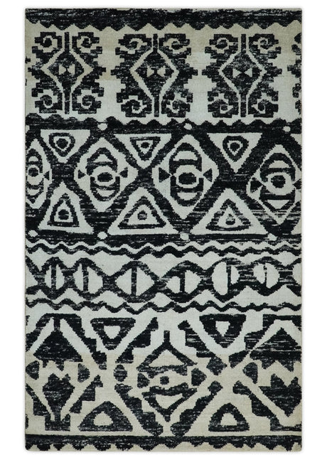 Hand Knotted Ivory and Black Modern Contemporary Recycled Silk Area Rug