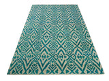 Hand Knotted Ivory and Blue Modern Contemporary Southwestern Tribal Trellis Recycled Silk Area Rug