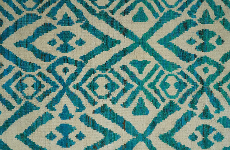 Hand Knotted Ivory and Blue Modern Contemporary Southwestern Tribal Trellis Recycled Silk Area Rug