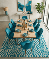 Hand Knotted Ivory and Blue Modern Contemporary Southwestern Tribal Trellis Recycled Silk Area Rug