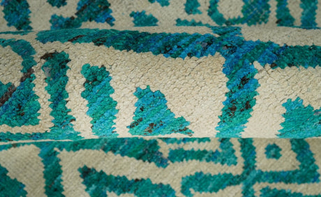 Hand Knotted Ivory and Blue Modern Contemporary Southwestern Tribal Trellis Recycled Silk Area Rug