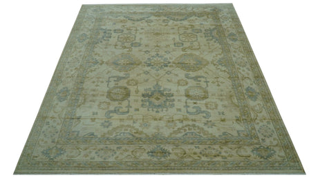 Hand Knotted Ivory And Blue Traditional Oushak Design 8x10 Wool Area Rug
