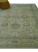 Hand Knotted Ivory And Blue Traditional Oushak Design 8x10 Wool Area Rug
