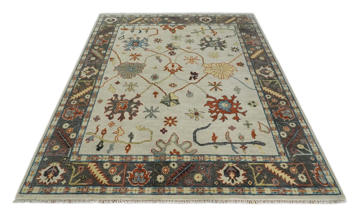 Hand Knotted Ivory and Charcoal Traditional Oriental Oushak Multi size Wool Area Rug
