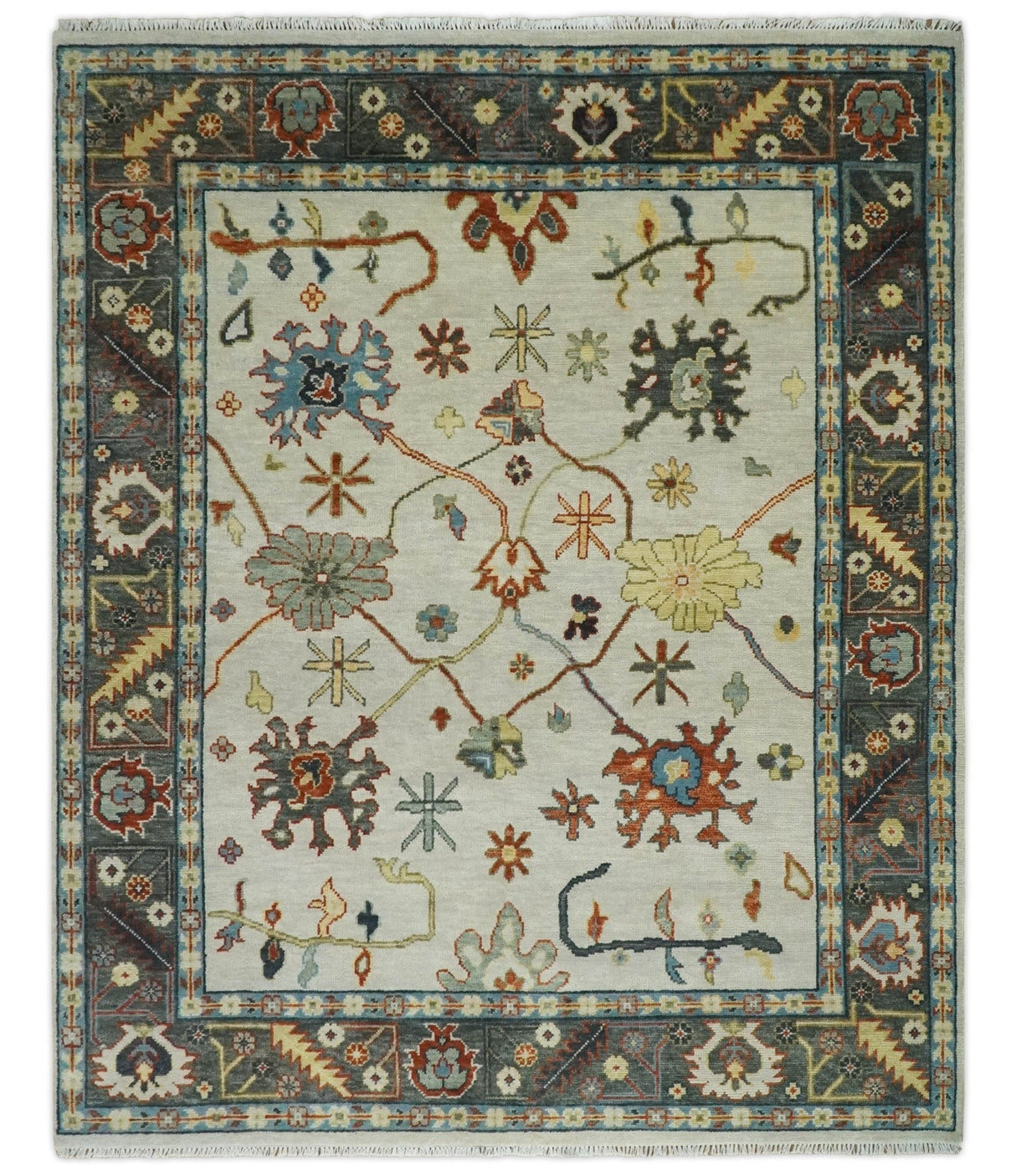 Hand Knotted Ivory and Charcoal Traditional Oriental Oushak Multi size Wool Area Rug