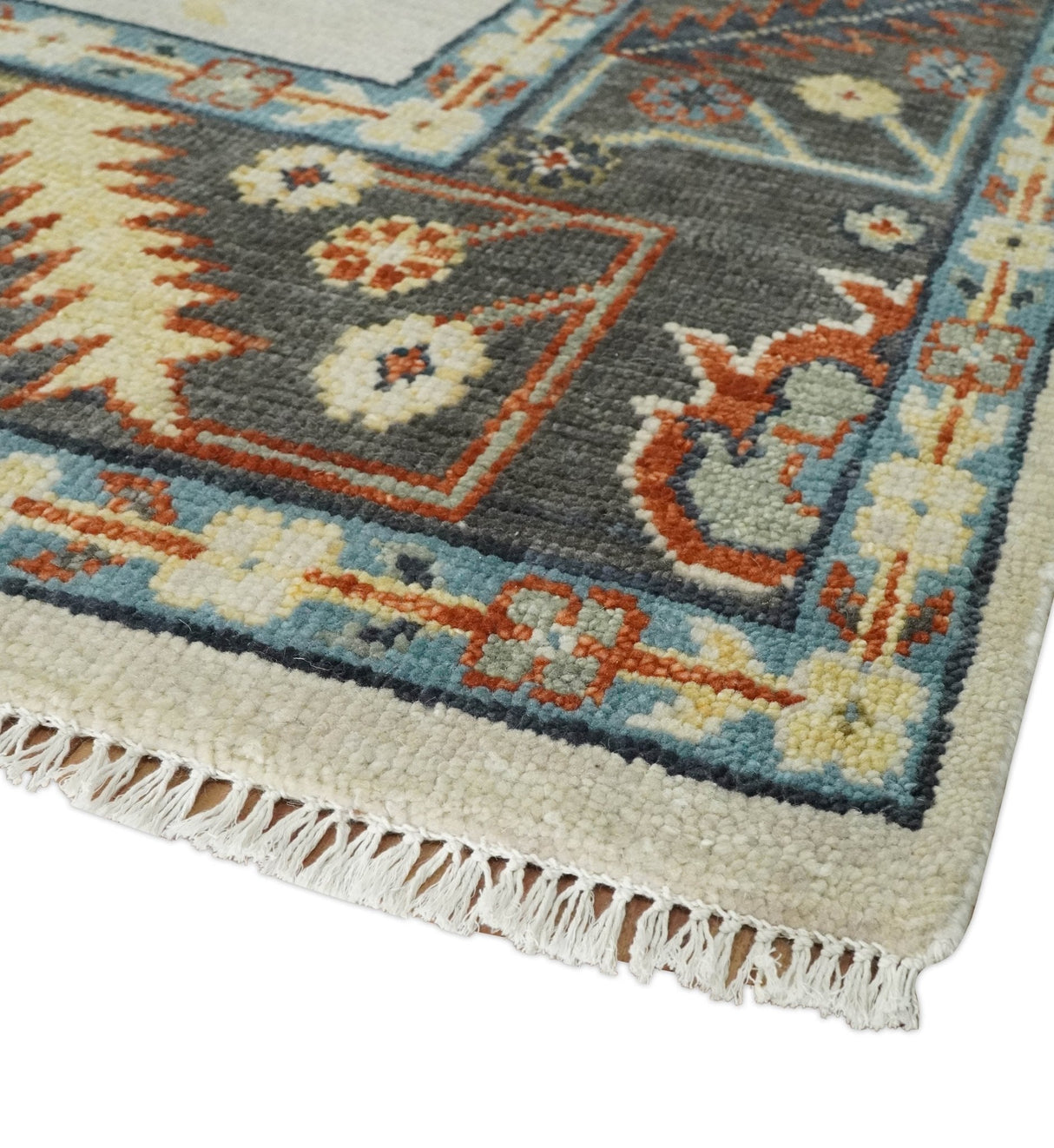 Hand Knotted Ivory and Charcoal Traditional Oriental Oushak Multi size Wool Area Rug