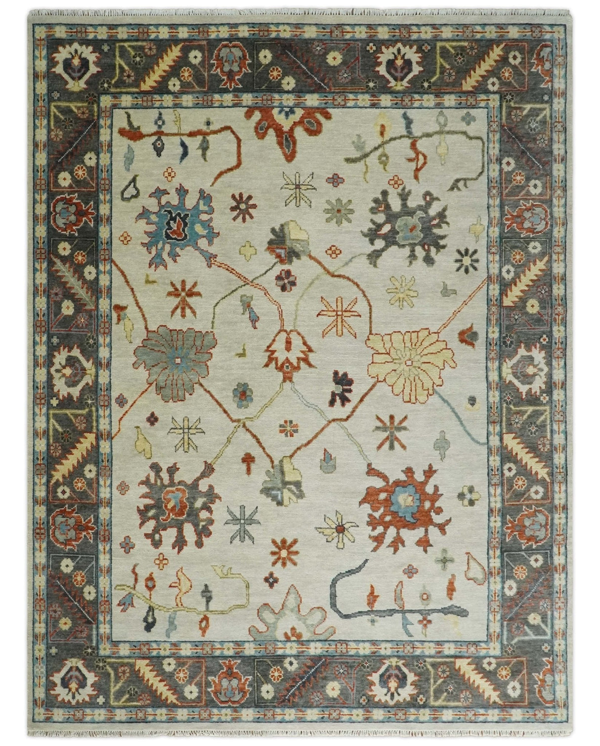 Hand Knotted Ivory and Charcoal Traditional Oriental Oushak Multi size Wool Area Rug