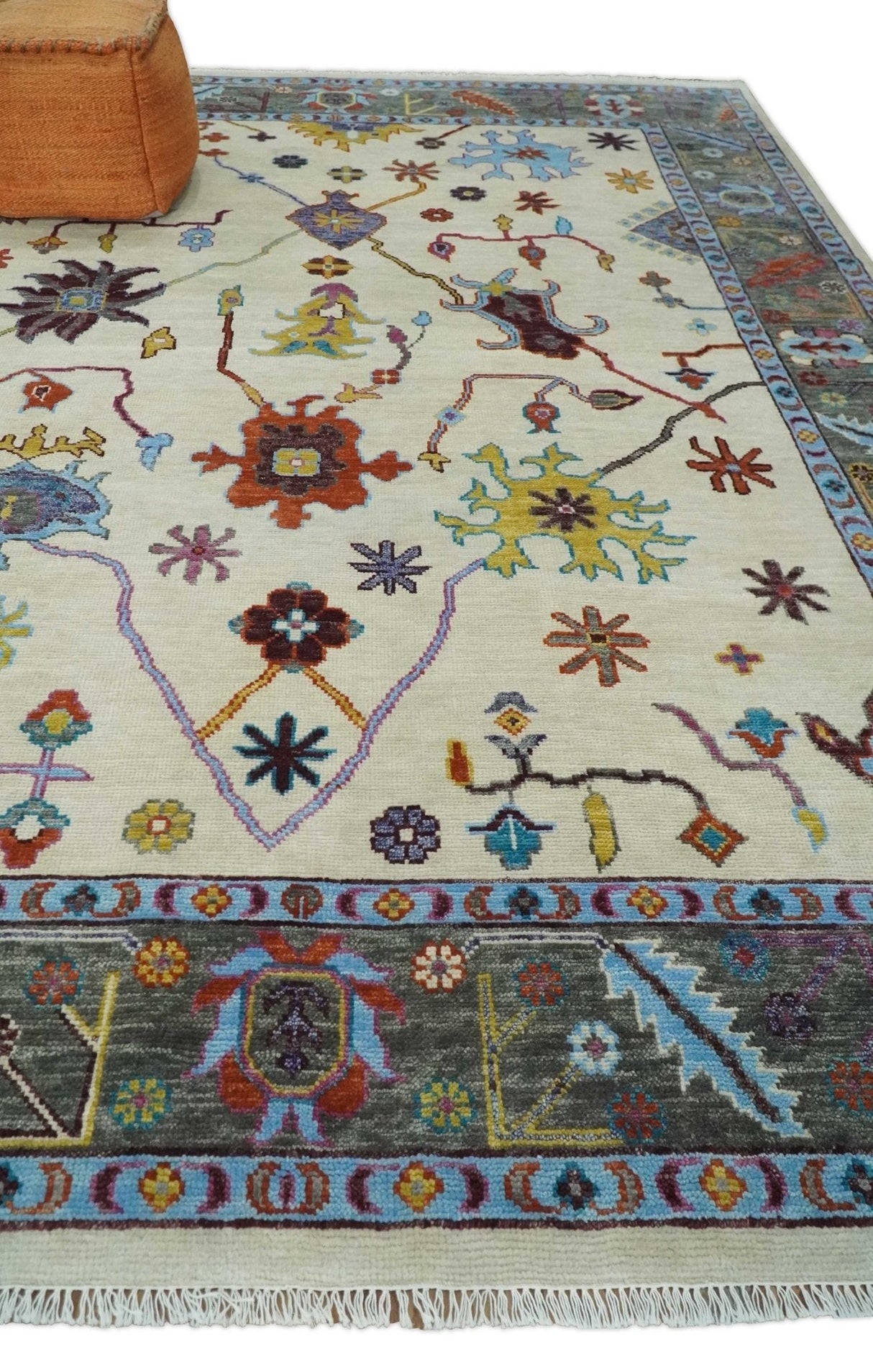 Hand Knotted Ivory and Gray Traditional Oushak Multi Size Wool Area Rug