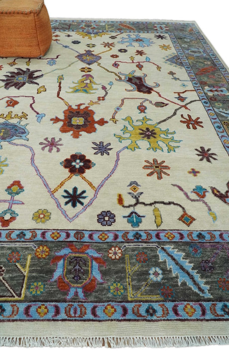 Hand Knotted Ivory and Gray Traditional Oushak Multi Size Wool Area Rug