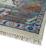 Hand Knotted Ivory and Gray Traditional Oushak Multi Size Wool Area Rug