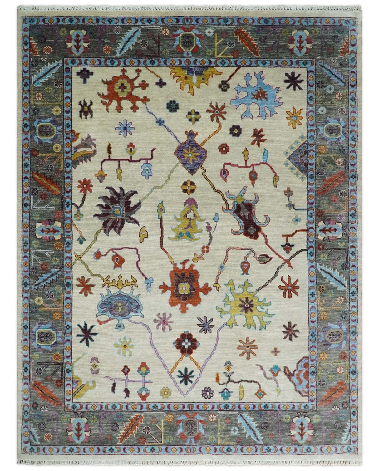Hand Knotted Ivory and Gray Traditional Oushak Multi Size Wool Area Rug